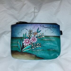 Anuschka Teal Turquoise Floral Painted Leather Coin Pouch
